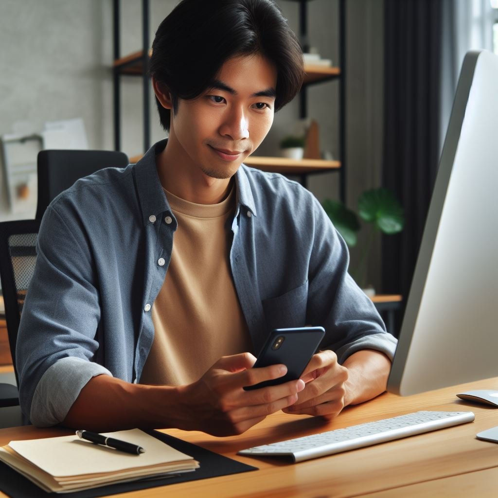 Man checking his phone after sending a Mail